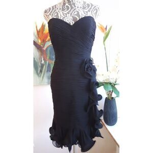 Louis Feraud Black Pleated Silk Chiffon Strapless Cocktail Dress. Size 8.